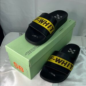 Off-White Black Slides with Yellow Webbing Strap